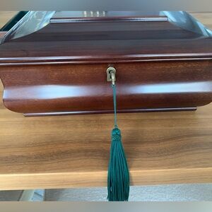 1998 Vintage Bombay Cherry Wood Jewelry Box w/ Key & Green Tassel. Felt lined.